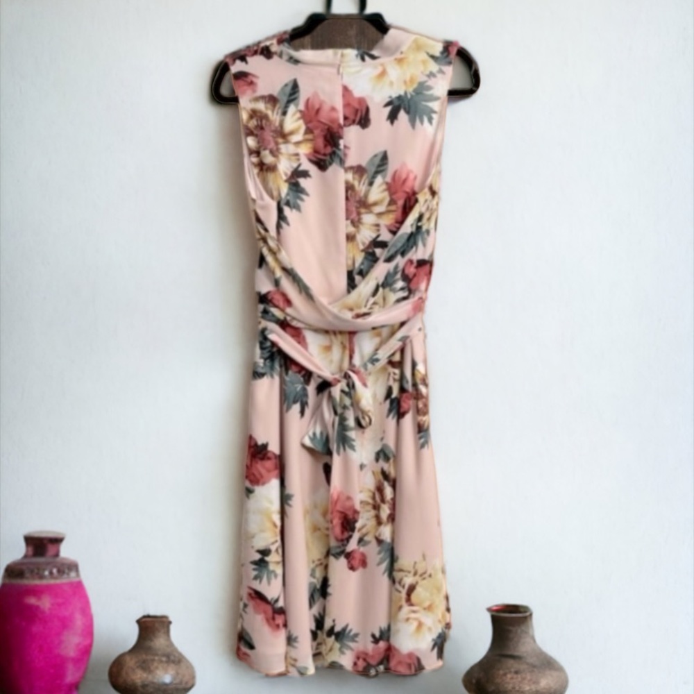 Tahari By Arthur S Levine Blush Pink Floral Self Tie Dress - Picture 8 of 15